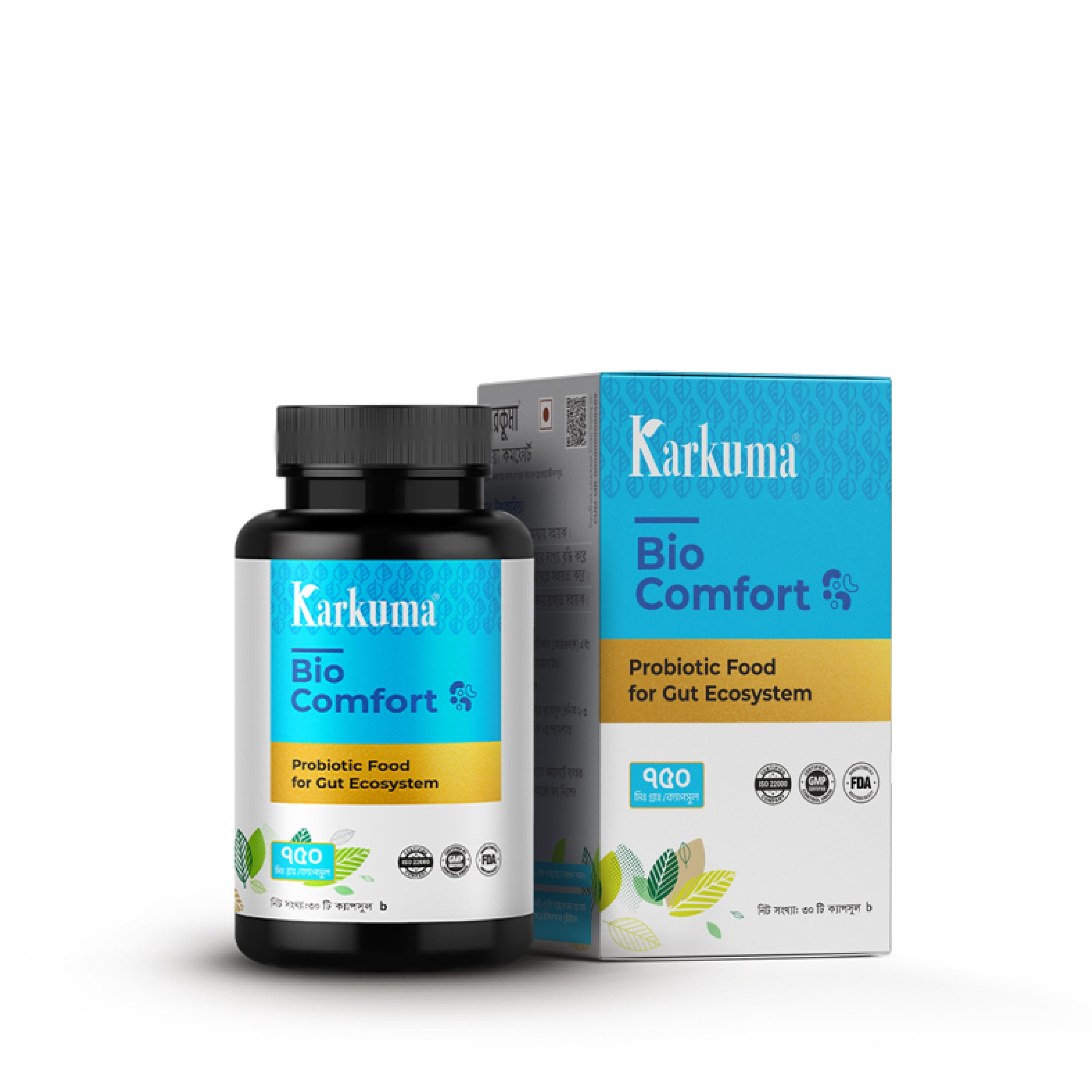 Karkuma Bio Comfort probiotic food bottle with packaging on a white background